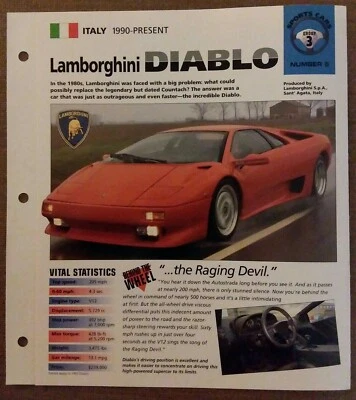Lamborghini Diablo SPECIFICATION SHEET Brochure Pamphlet Statistics Spec   - Image 1 of 3