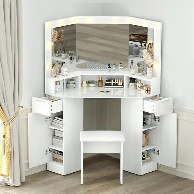 High Gloss Corner Dressing Table LED  Lights 3 Mirrors Drawers Makeup Desk Stool - Image 1 of 4
