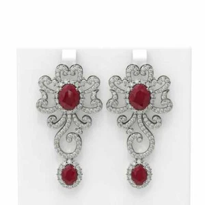 Dark Red Oval Shape Ruby With Crystal Clear White CZ 16.84TCW Chandelier Earring - Picture 1 of 5