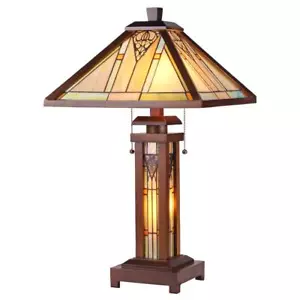 ZELLA Tiffany-style Mission 3 Light Double Lit Wooden Table Lamp 15" Shade - Picture 1 of 1