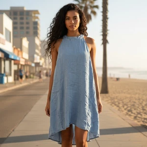 Mossimo Dress Womens Small Blue Chambray Denim Halter  A-line Tie Neck Relaxed - Picture 1 of 3