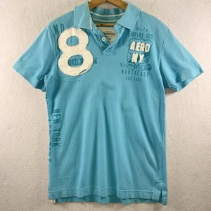VTG Aeropostale Men Y2K Polo Shirt Sz M Turquiose Preppy Distressed Puff Graphic - Picture 1 of 12