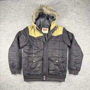 LEVI’S Quilted Puffer Jacket Large Navy Corduroy Yoke Hooded Men’s Medium  - Picture 1 of 14