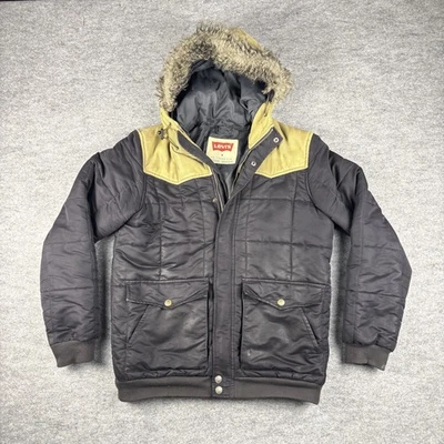 LEVI’S Quilted Puffer Jacket Large Navy Corduroy Yoke Hooded Men’s Medium  - Image 1 of 4