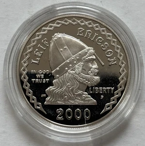 2000 P Leif Ericson Millennium Commemorative Silver Dollar, 90% Silver - Picture 1 of 5