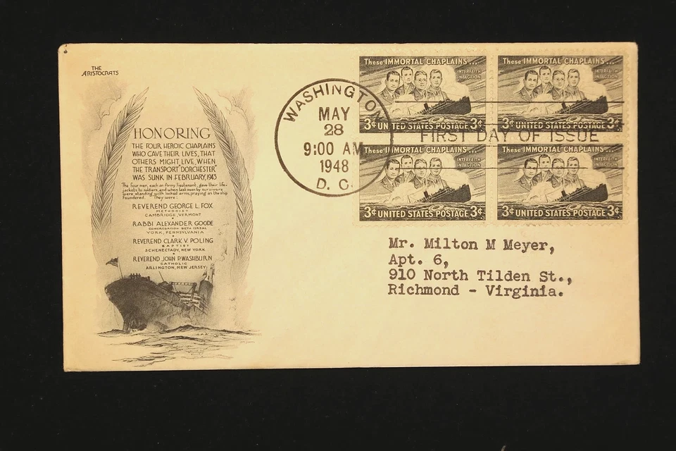 956 3c Stamp (1948) HEROIC CHAPLAINS FDC BY THE ARISTOCRATS - WITH SHARP BLOCK ! - Image 1 of 1