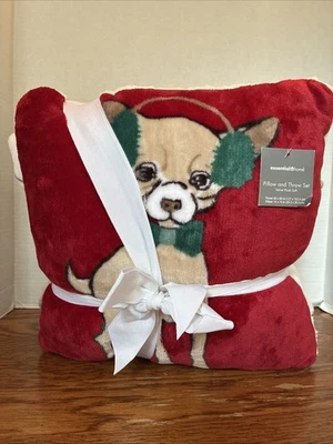 Dog themed Christmas pillow and throw set velvet plush soft - Image 1 of 4