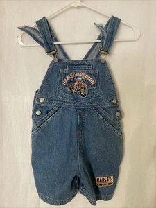 Harley Davidson Denim Bib Overalls Shorts Youth Size 6 Embroidered Logo Blue - Picture 1 of 8