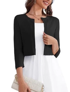 Women's 3/4 Sleeve Cropped Cardigan Sweater Bolero Open Front Black Shrugs fo... - Picture 1 of 5
