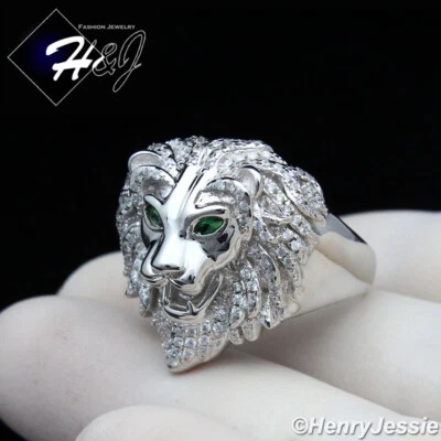 MEN 925 STERLING SILVER ICY BLING CZ GOLD PLATED/SILVER 3D LION FACE RING*SR180 - Image 1 of 2