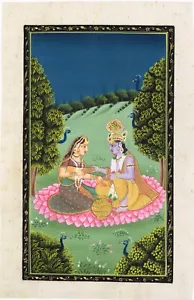 Pintura de Radha Krishna de Radha Krishna en arte de jardín sobre tela de seda 7x11 pulgadas - Imagen 1 de 7