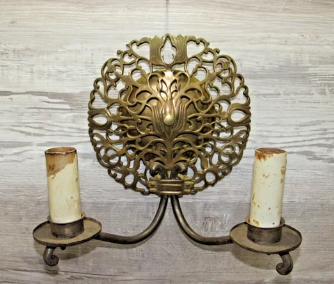 ORNATE VINTAGE Brass 2 Arm Light Wall Sconces Art Nouveau Art Deco Electric Cover