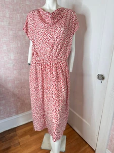 vtg silk knee length small red cherry blossom print stretch waist dress sz M - L - Picture 1 of 11