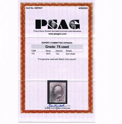 EXCELLENT GENUINE SCOTT #151 USED 1870 DULL VIOLET NBNC PSAG CERT GRADED F-VF 75 - Image 1 of 3