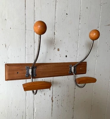 Vintage Wall Mounted Mid Century Modern Wooden Coat Rack with Two Double Hooks - Image 1 of 4