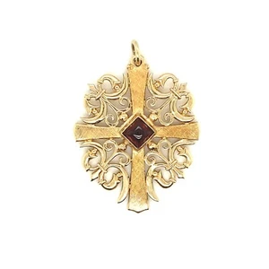James Avery 14k Yellow Gold Cross Pendant Sugar Loaf Garnet Textured 11.50 Grams - Picture 1 of 5