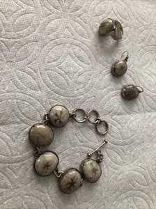 Vintage Serafim Sterling Silver Fossilized Sand Dollar Bracelet 7” Ring & Earing - Picture 1 of 14