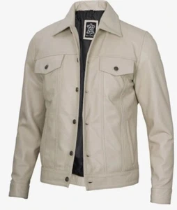 Men's Classics Off White Genuine Aviator Biker Motorcycle Leather Jacket Men - Picture 1 of 4