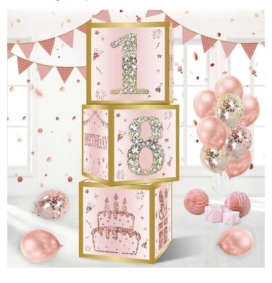 18th Birthday Decorations Boxes for Girls - 3PCS Pink Rose Gold Happy 18th Bi... - Image 1 of 3