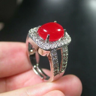 Anillo Rectángulo Diamante Imitación Cabujón Jade Rojo Genuino 18KGP Tamaño Ajustable Foto 1 de 4