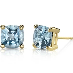 1.46 ct Cushion Cut Blue Aquamarine Stud Earrings in 14K Yellow Gold - Picture 1 of 3