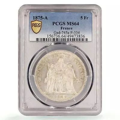 France 5 francs Liberty Equality Fraternity Hercules MS64 PCGS silver coin 1875 - Image 1 of 4