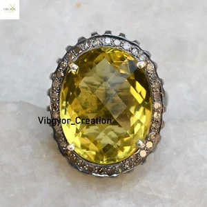 Natural Lemon Topaz Ring Pave Diamond Jewelry 925 Solid Silver Birthday Gift - Picture 1 of 3