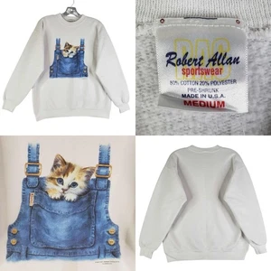 VTG 90s Cat Kitten Crewneck Sweatshirt Womens Medium White Made USA AOP - Picture 1 of 10