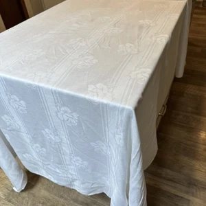 Tablecloth White Double Damask 82” x 65” Roses Vintage - Picture 1 of 3