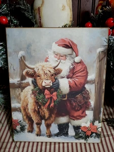 SWEETEST PRIMITIVE FARM SHABBY VINTAGE STYLE CHRISTMAS SANTA HIGHLAND COW SIGN - Picture 1 of 12