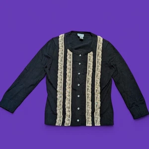 vtg TRACY REESE NY Black & Tan Lace Crystal Cardigan Sweater Womens Small Top 1A - Picture 1 of 11