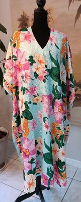 Vestido vintage azul ámbar caftán, muumuu, rosa tropical, verde, azul, talla libre Foto 1 de 4