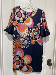 Trina Turk Vibrant Blue Pink & Orange Silky Satin Floral Lined Shift Dress - 10 - Picture 1 of 6