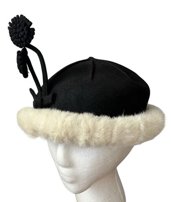 Gorro gorro pompón de piel de fieltro de la década de 1940 22” como nuevo diseñador Engel Fetzer negro de colección ¡Guau! Foto 1 de 4