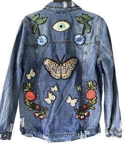 Arrive Jeansjacke Patches Distressed XL Boho Hippie Unikat Herbst - Bild 1 von 9