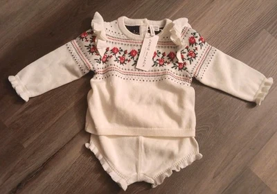 NUEVO CON ETIQUETAS Janie and Jack Niña VACACIONES 2 Piezas Marfil Suéter Mameluco SET 6 a 12 M Rosa Foto 1 de 4