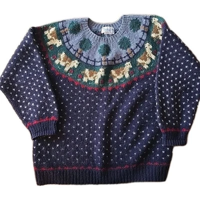 80s Deans Of Scotland 100% Shetland Wool Sweater Farmett Cows Cottagecore Farm L - Image 1 of 4