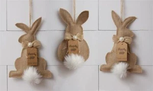 NEW!~Primitive Easter Wall Decor~Hippity Hop Bunny~Ornament Set 3~Burlap Rabbit - Picture 1 of 1