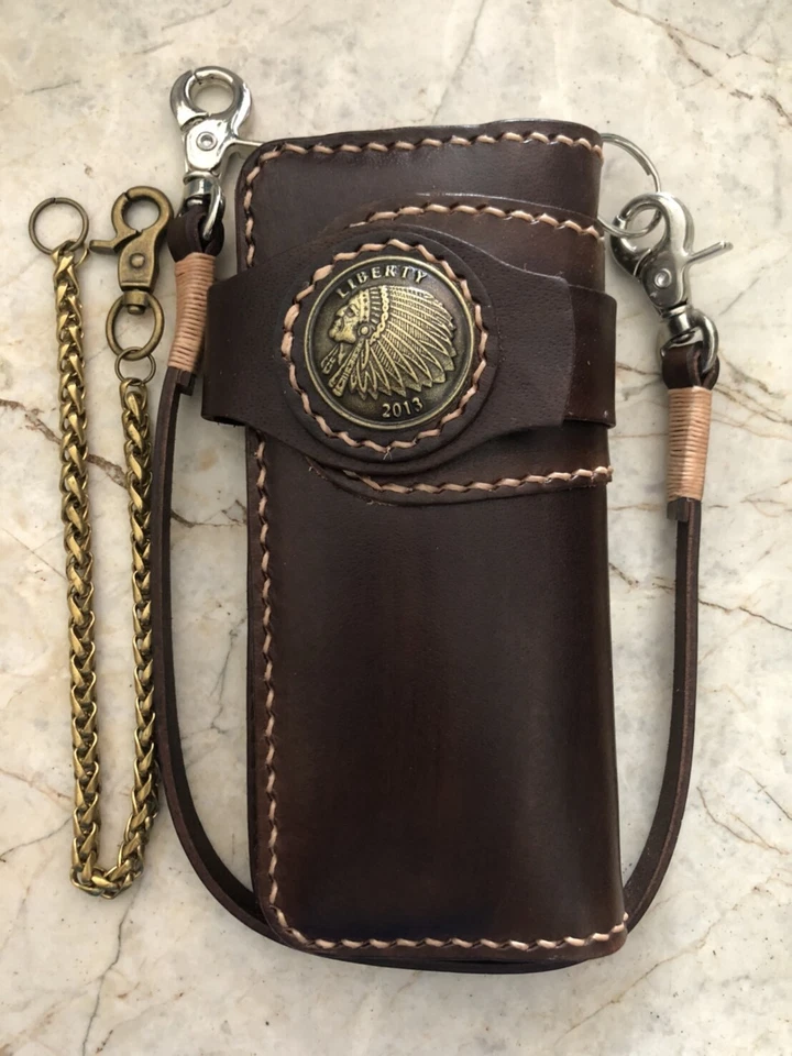Cartera de cuero para motociclista cadena billetera de cuero hecha a mano para hombre billetera plegable regalo 5 Foto 1 de 1