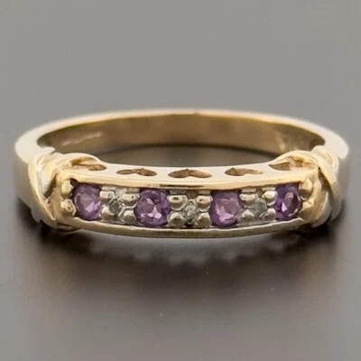 Кольцо вечности из желтого золота 9 карат с аметистом и бриллиантом с клеймом размер K - Изображение 1 из 4