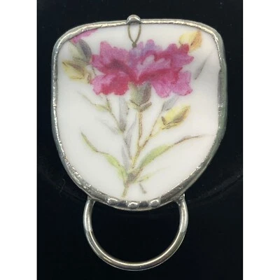 Floral Brooch Pin with Loop Porcelain Silver Tone Flower 2" Tall - Image 1 of 4