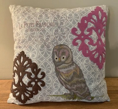 Owl French Embellished Throw Pillow Zipper Cushion Cover 15" Gray Brown Pink - Image 1 of 4