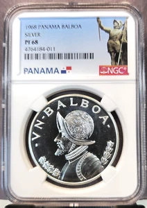 1968 PANAMA SILVER 1 BALBOA VASCO NUNEZ NGC PF 68 BEAUTIFUL HIGH GRADE COIN - Picture 1 of 3