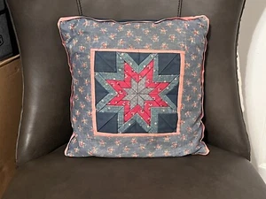 Vtg Patchwork Tuck Lone Star Quilted Pillow 14" Primitive Granny Core Faded - Picture 1 of 13