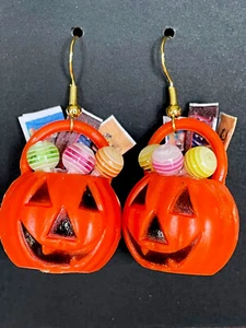 Halloween Trick or Treat Pumpkin Pail Dangling Pierced Earrings Handmade Varies - Picture 1 of 6