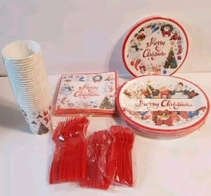 New NIB 144 Piece Christmas Party Plates, Napkins, Cups, Spoons Fork, Serves 24 - Picture 1 of 4