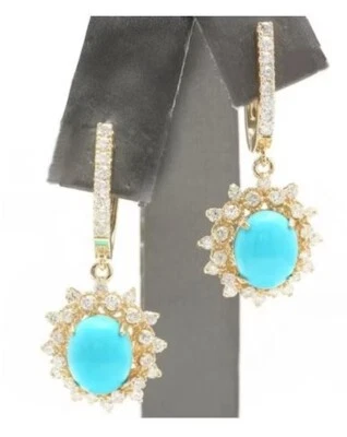 1.65ct Natural round Diamond 14k yellow gold turquoise dangler Wedding earrings - Image 1 of 4