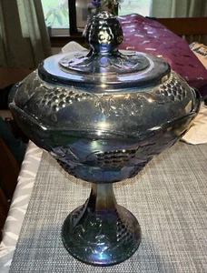 Indiana Harvest Grape Carnival Blue Iridescent Glass Covered Compote/Candy Dish - Picture 1 of 4