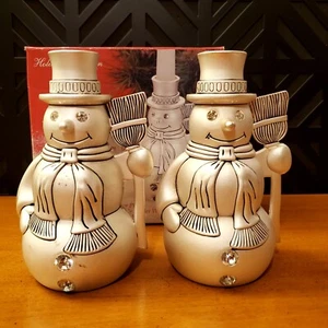 GODINGER SILVER PLATED SNOWMAN Candle Holders Crystal Stones Set Of 2 - Picture 1 of 7