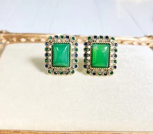 Vintage Jade Stud Earrings, Gold Stud Earrings, Wedding Jade Gemstone Stud - Picture 1 of 9